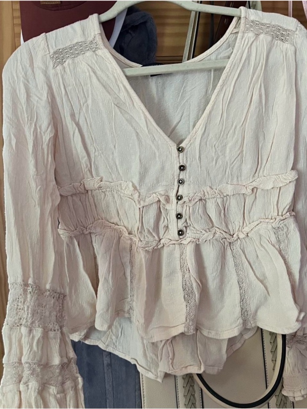 American Eagle Outfitters Washed Light Pink Ruffled V-Neck Peasant Blouse
